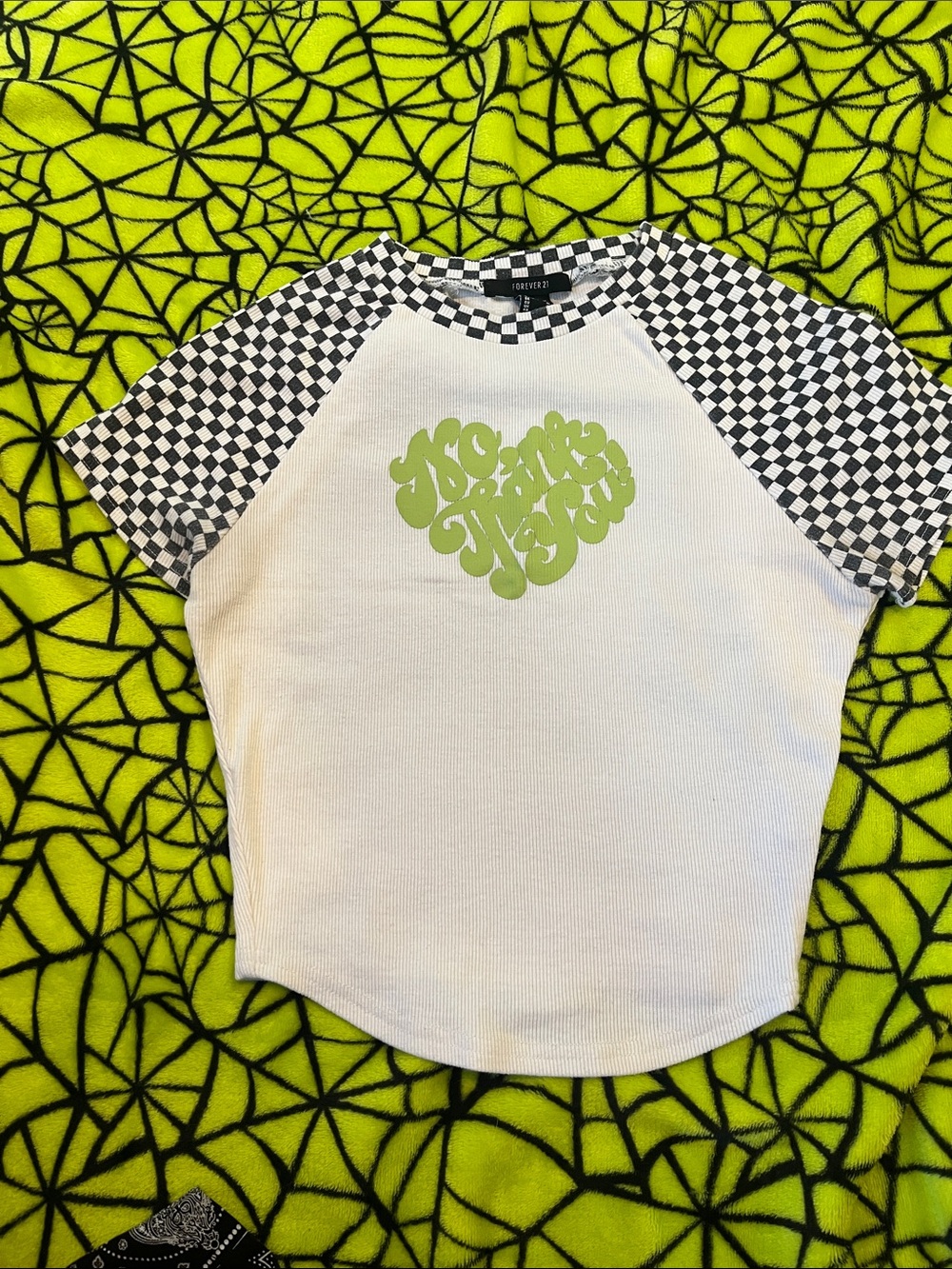 Forever 21 White Crop Tee with Black Checkered Sleeves and Lime Heart Graphic